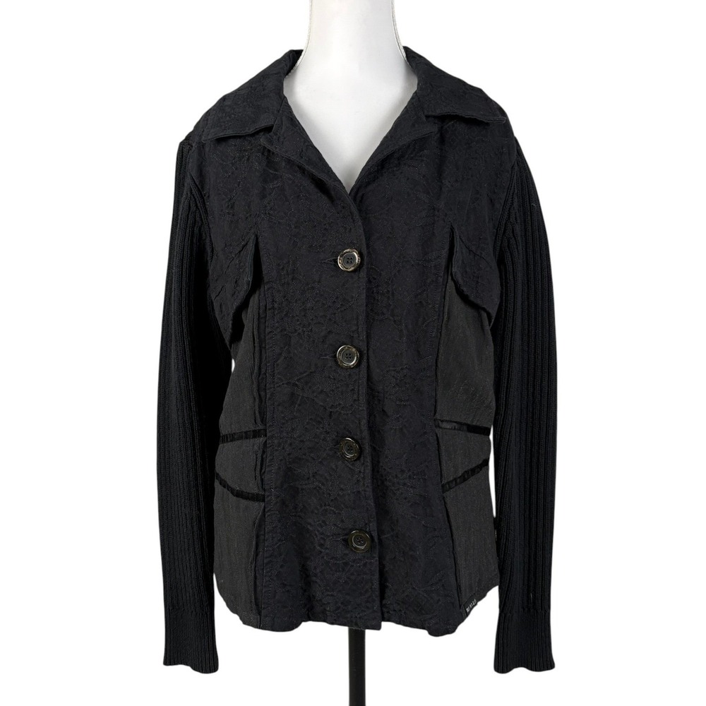 Blue Willis Denmark Rib Knit Jacket Womens M Black Button Up Cotton Fall Cozy